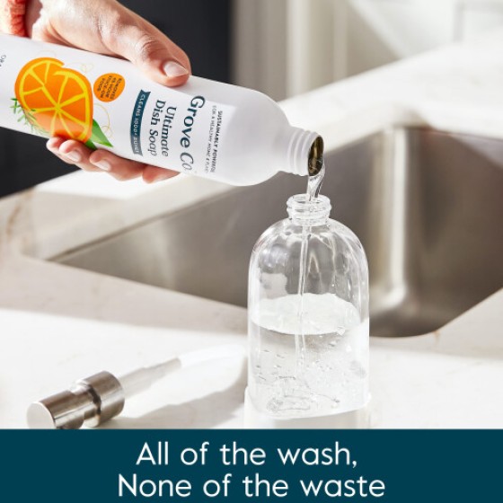 Grove Co. Isi Ulang Sabun Cuci Piring Ultimate (3 x 16 Fl Oz) + Dispenser Sabun Cuci Piring Kaca Isi Ulang untuk Wastafel Dapur dengan Selongsong Silikon Anti-Slip.